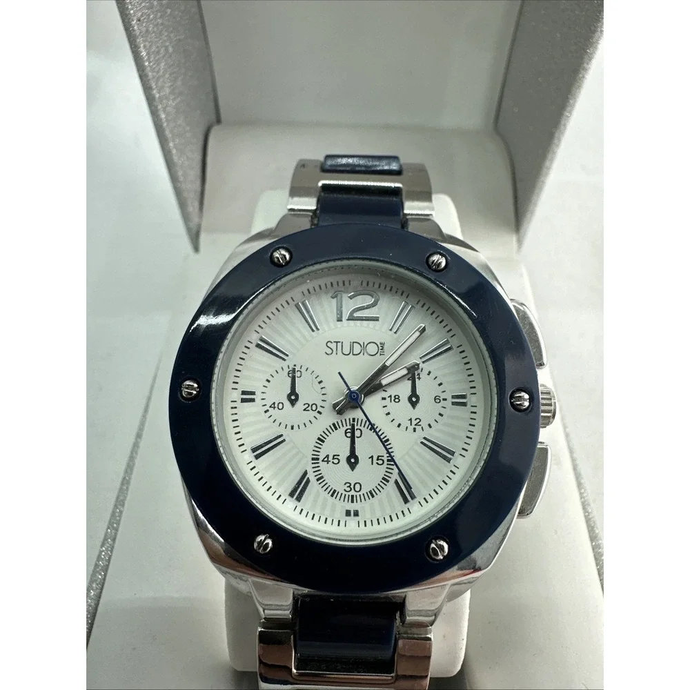 Studio Time Women's Watch Silver Tone Navy Blue Accents 40mm New Battery VG
